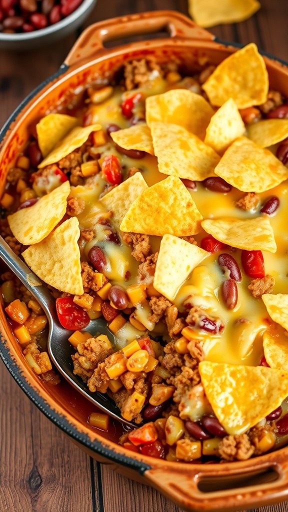 A hearty 5 bean hamburger casserole topped with melted cheese and corn chips, served in a rustic dish.